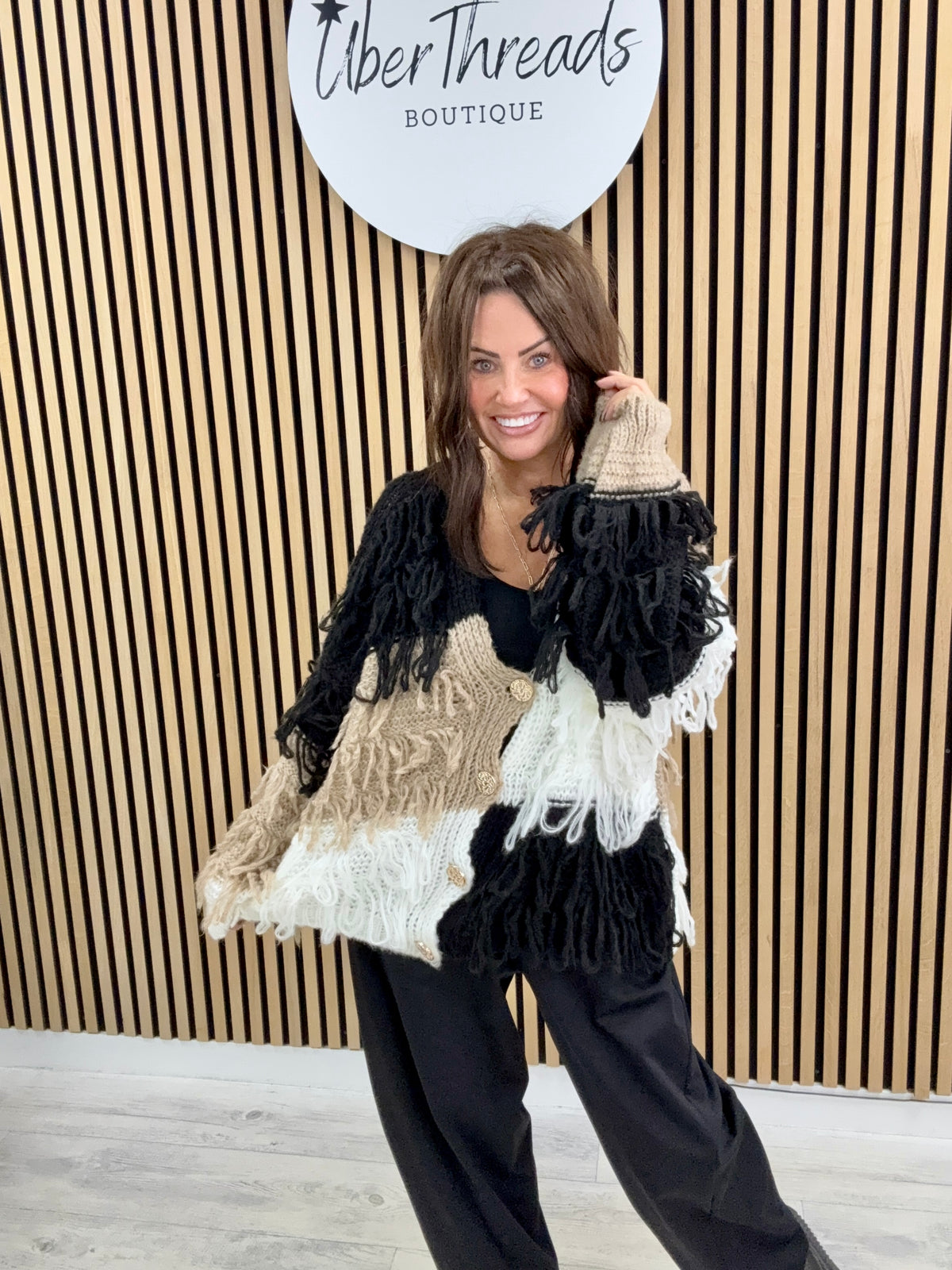 The Shaggy Cardigan - Black/Camel/White