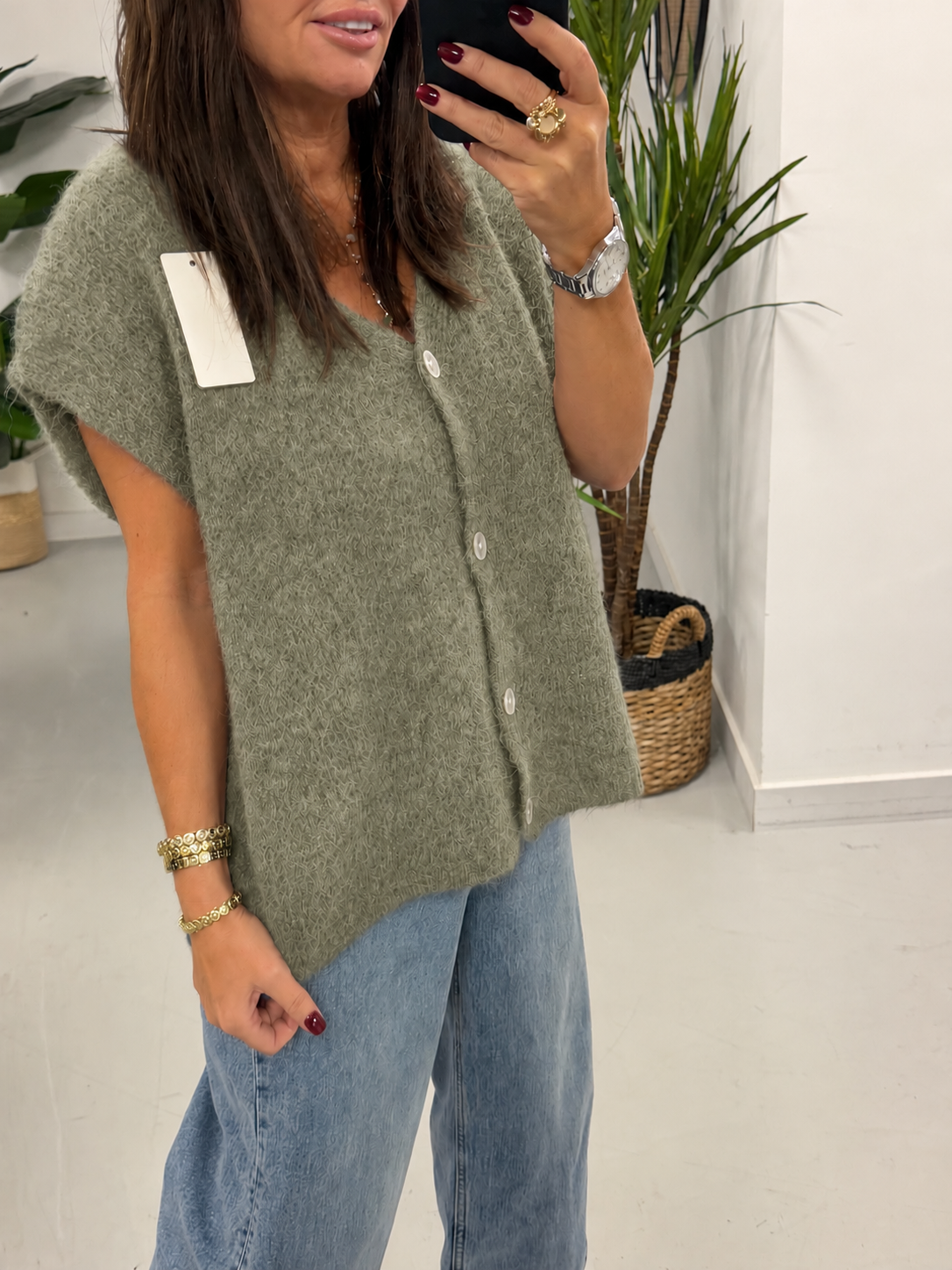 Button Up Slouchy Crop Sleeve Knit - Khaki (Size 10-14)