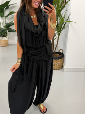 Wrap Crinkle Balloon Jumpsuit - Black