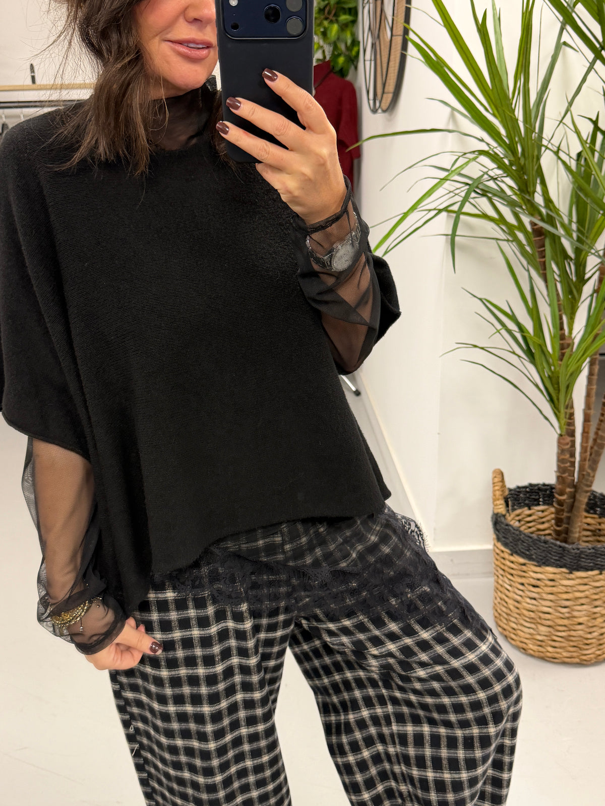 Asymmetrical lace trim lined Mesh Top - Black