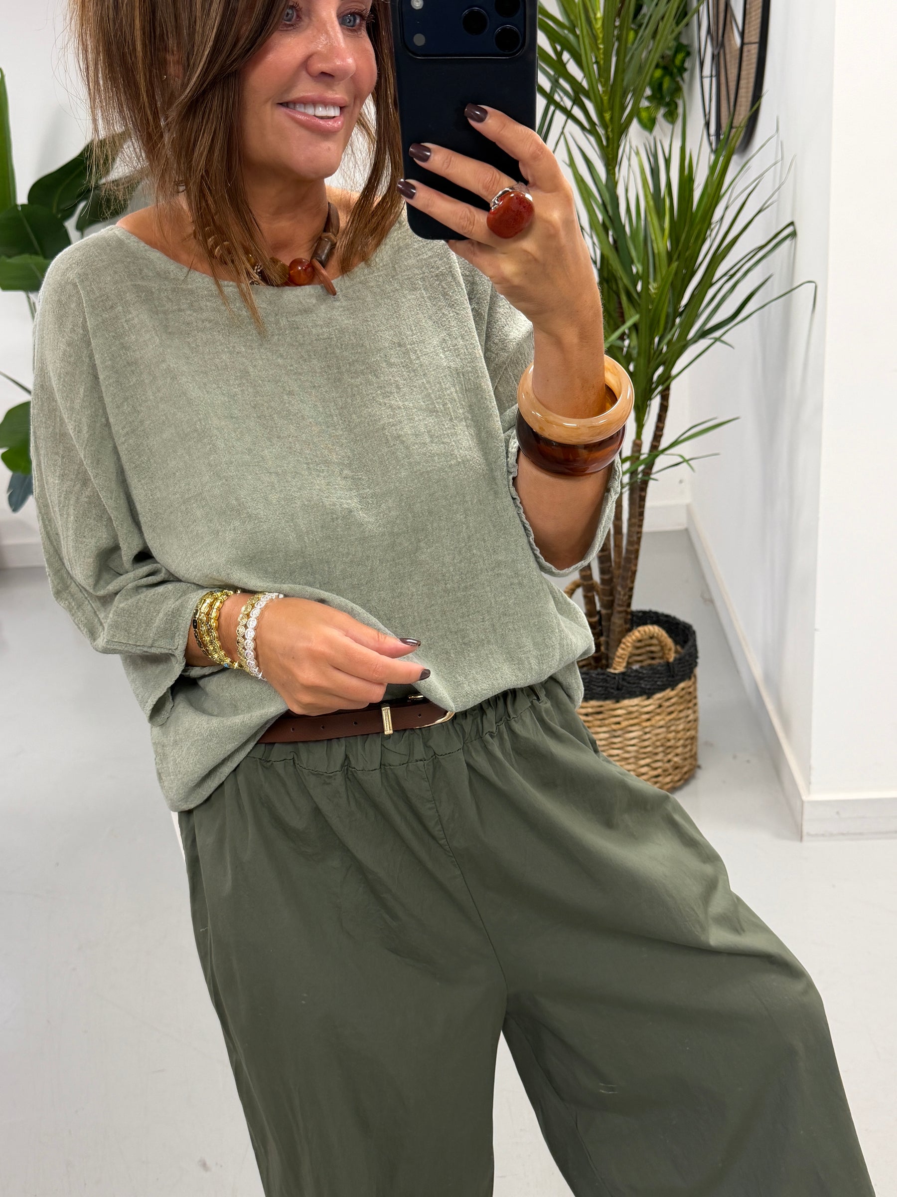 Linen Blend Boxy Top - Khaki