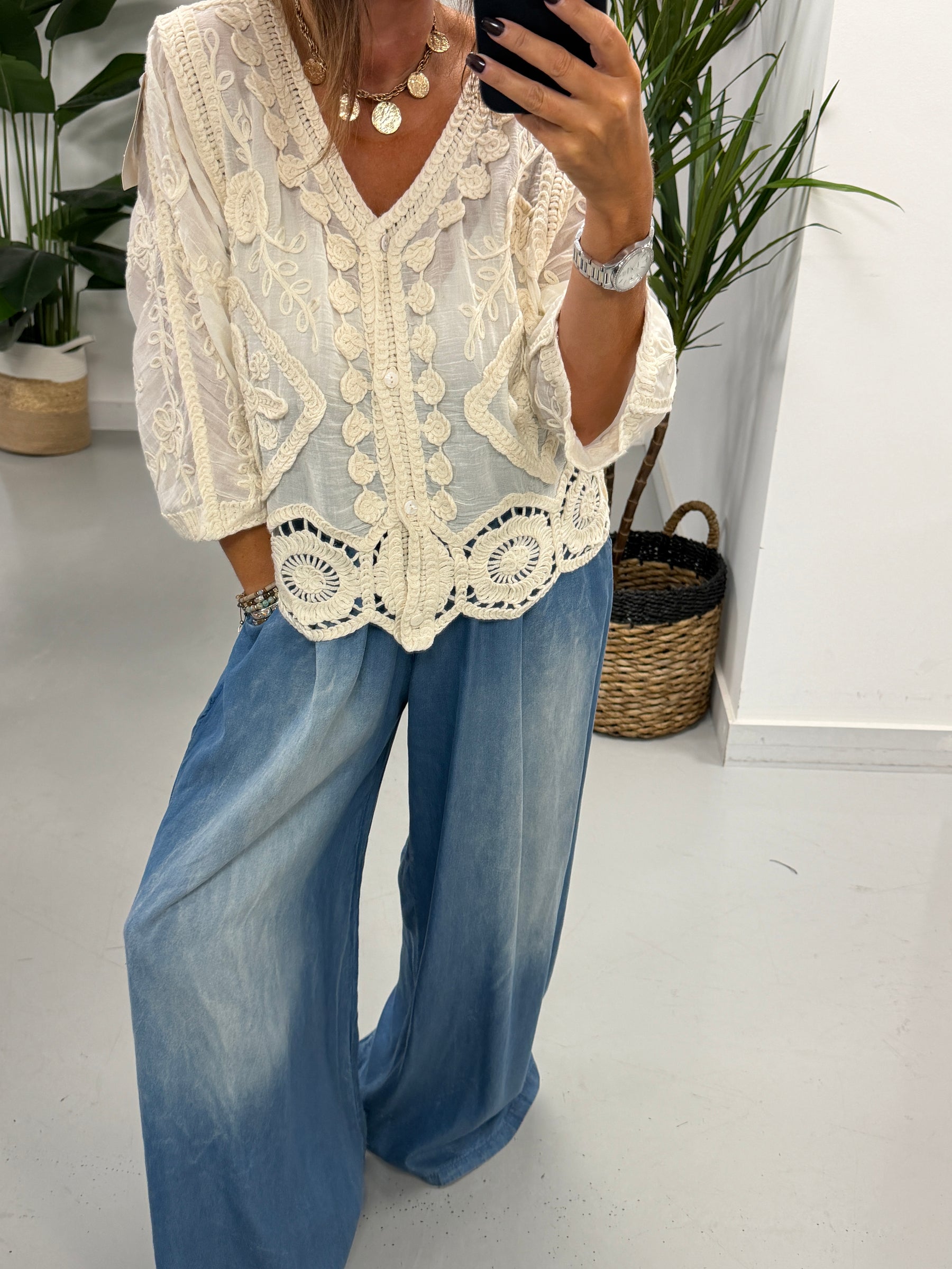 Sorrento Crochet Button Front  Cardigan - Cream
