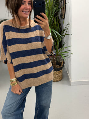 The Boat Neck Stripy Knit - Oatmeal/Blue