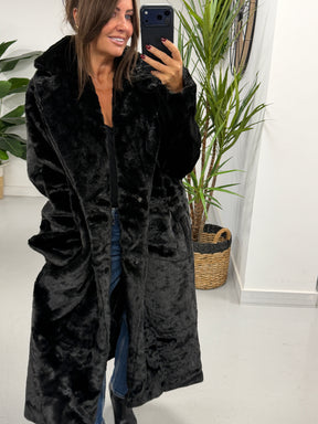 The Safron Longline Faux Fur Coat - Black (Size 16-20)