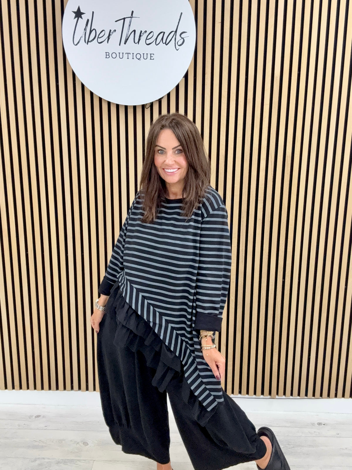 I.D Clothing Stripe Frill Tunic - Black