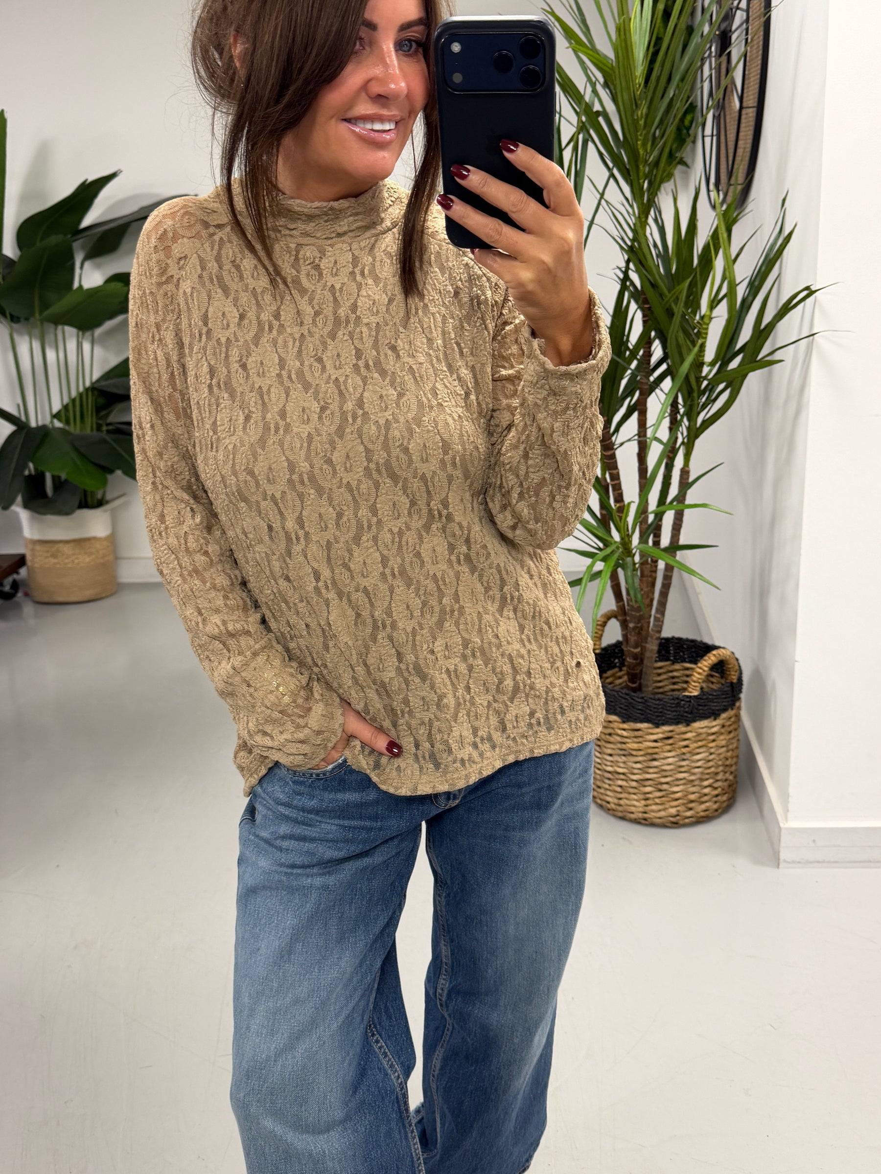 The Lace Turtle Neck Mesh - Camel  (Size 12- 16)