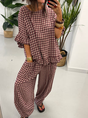 The Autumn Check Tulip Hem Trousers - Wine