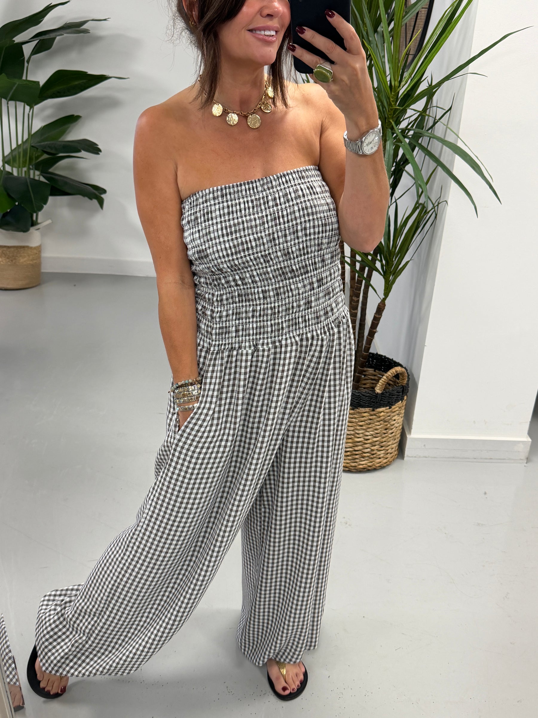 PRE Order The Gingham Balloon Leg Jumpsuit- Chocolate