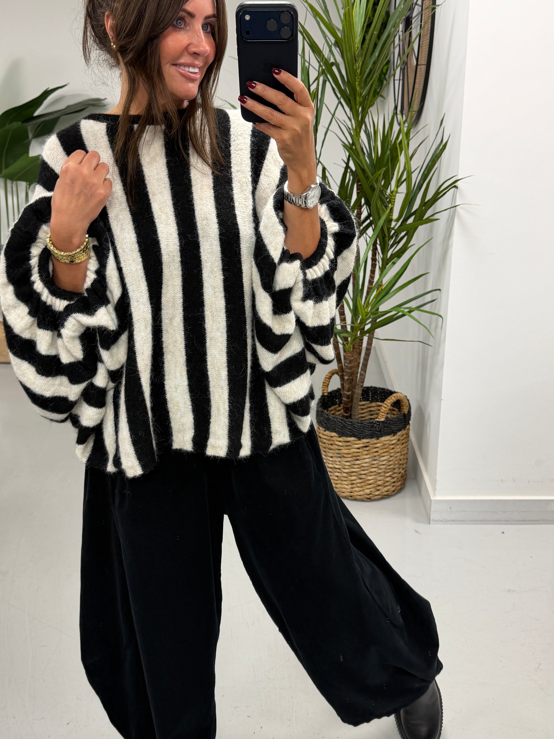 Zeta Otto Stripe Chunky Sleeve Knit - Black (Size 10-18)