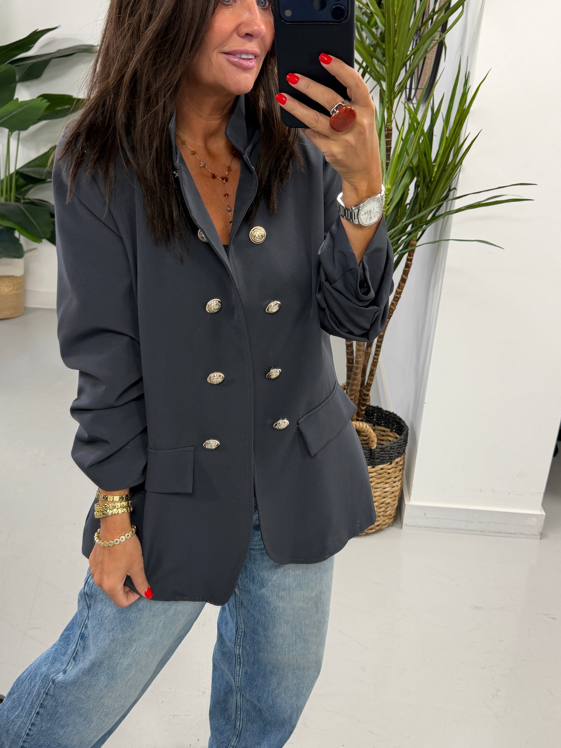 Military Ruched Sleeve Blazer - Charcoal