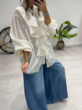 The Gingham Ruffle Button Blouse - Stone