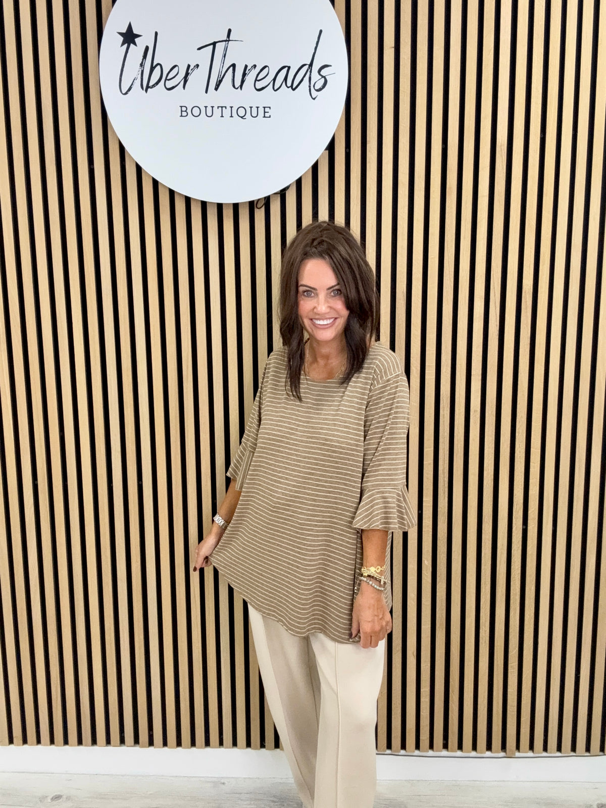The Bell Sleeve Stripe Soft Knit - Camel