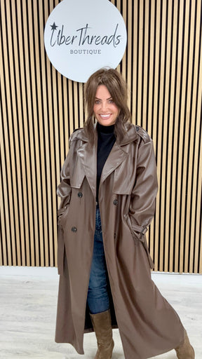 Chelsea PU Trench Coat - Chocolate