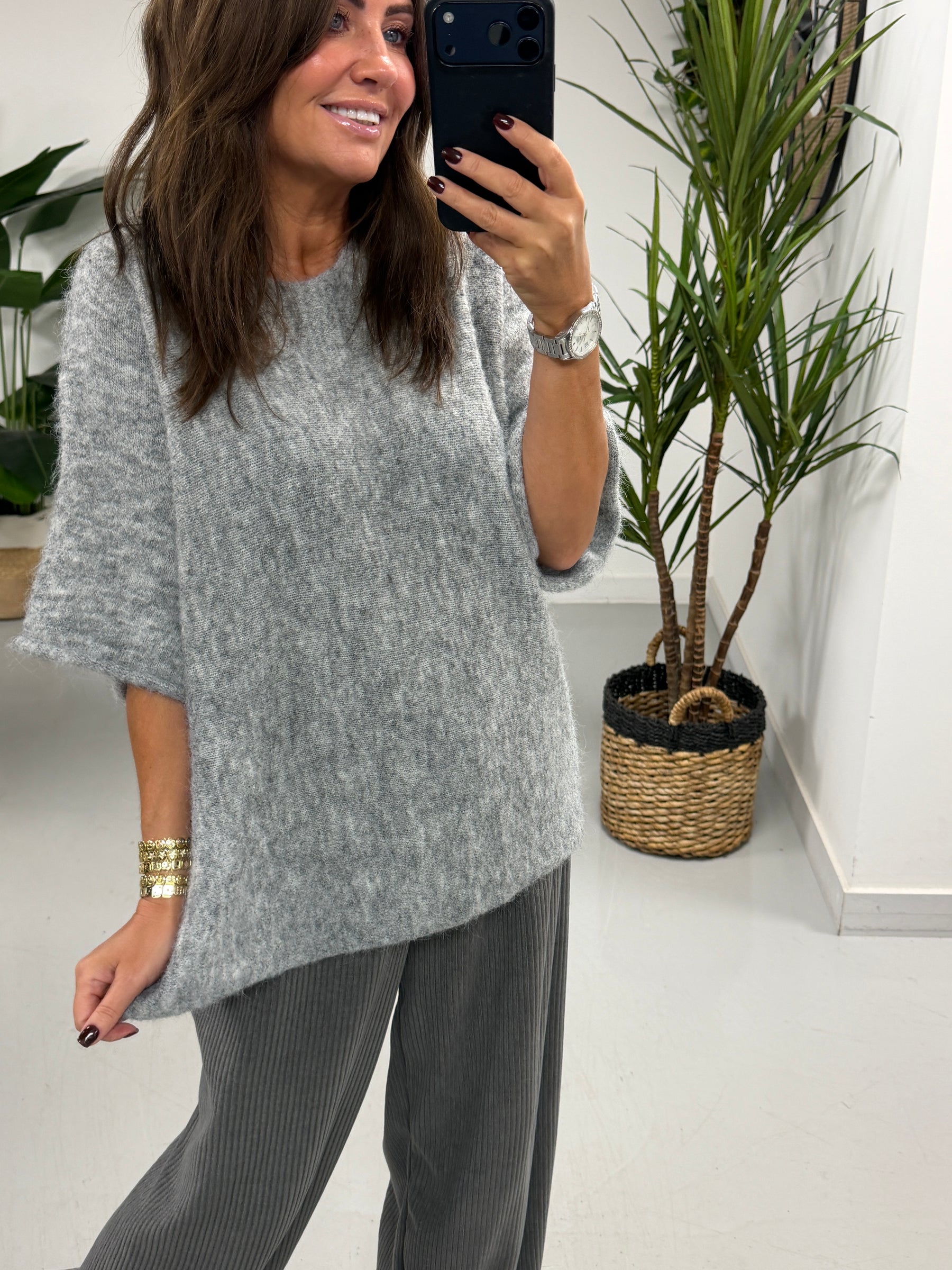 Sofia Soft Knit Crop Sleeve Knit Jumper - Grey (Size 10-16)