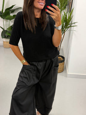 Crop Sleeve Boat Neck Knit - Black