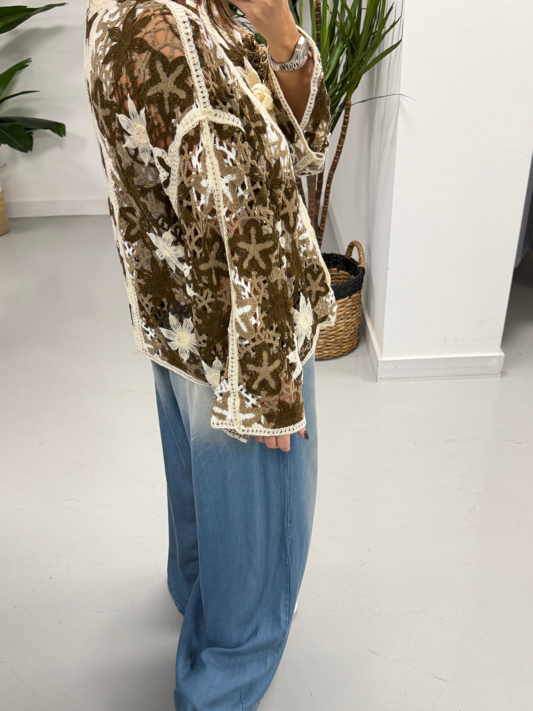 Sorrento Flower Crochet Tie Front Cardigan - Chocolate/Cream