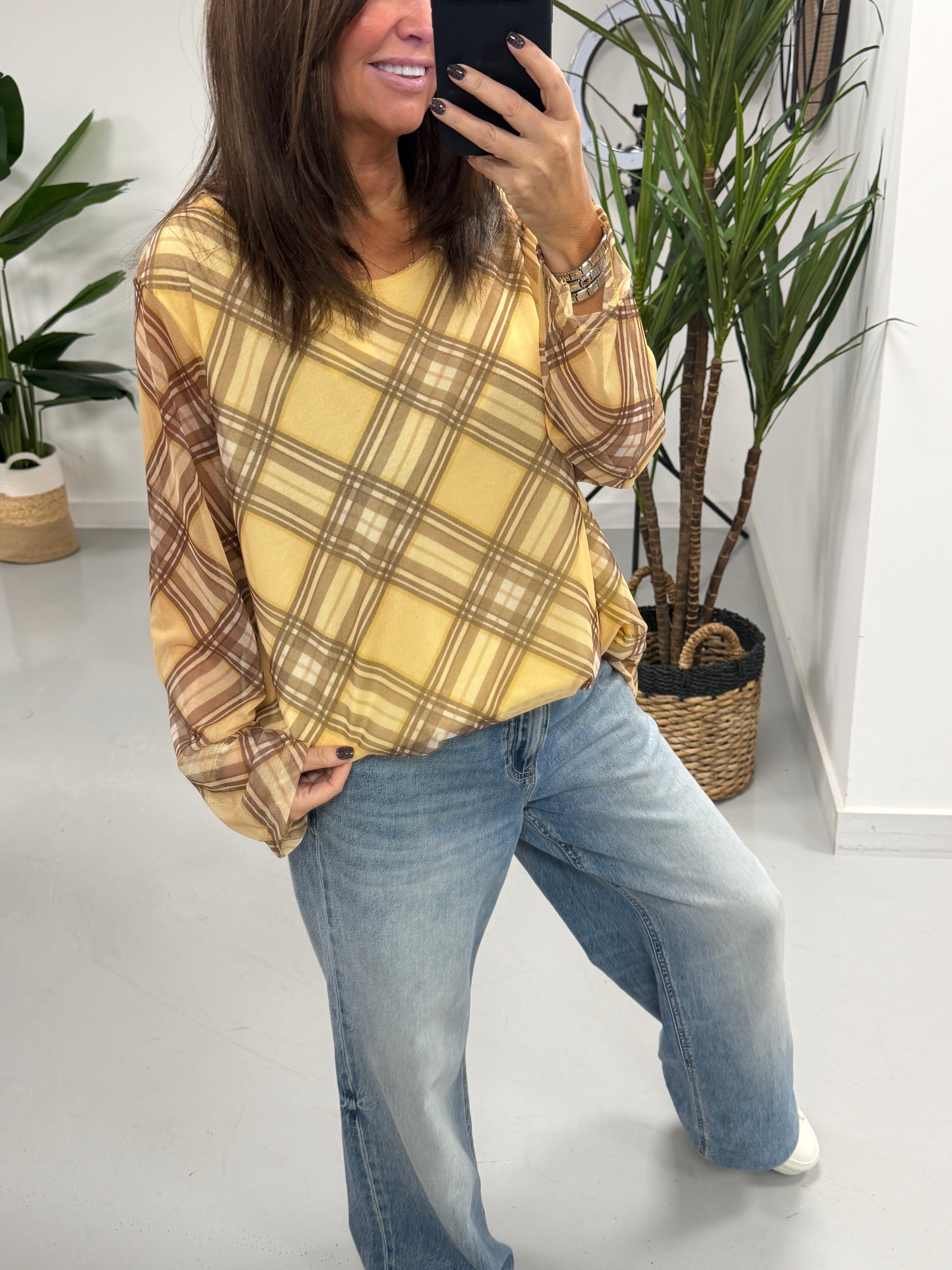 Layered Tartan Mesh Top - Lemon