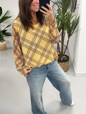 Layered Tartan Mesh Top - Lemon