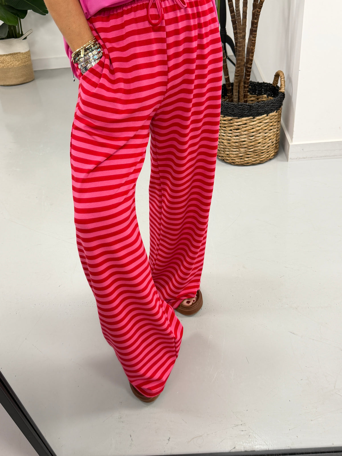 The Striped Wide Leg Jersey Jogger - Red/Pink