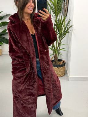 The Safron Longline Faux Fur Coat - Wine (Size 10-14)