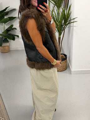 PRE ORDER Kensington Faux Fur Trim Gilet  - Black/Chocolate