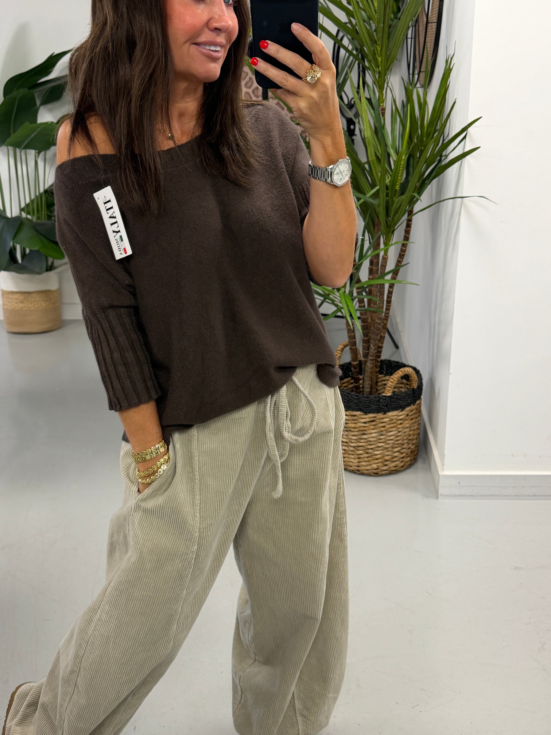 Crop Sleeve Boat Neck Knit - Chocolate (Size 10 - 16)
