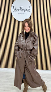 Chelsea PU Trench Coat - Chocolate
