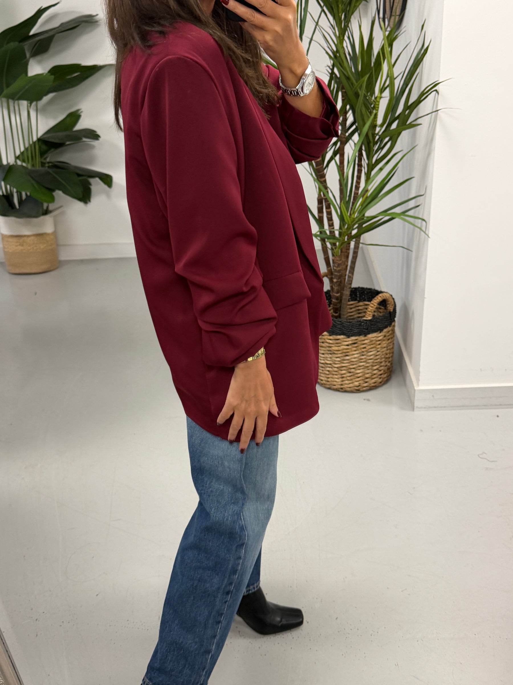 Ruched Sleeve Blazer - Wine (Plus sizes)