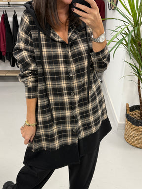 Hooded Check Shacket - Black