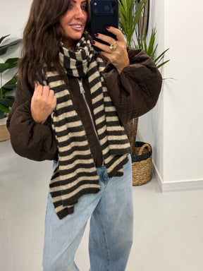 Wool Mix Stripe Scarf - Chocolate/Cream