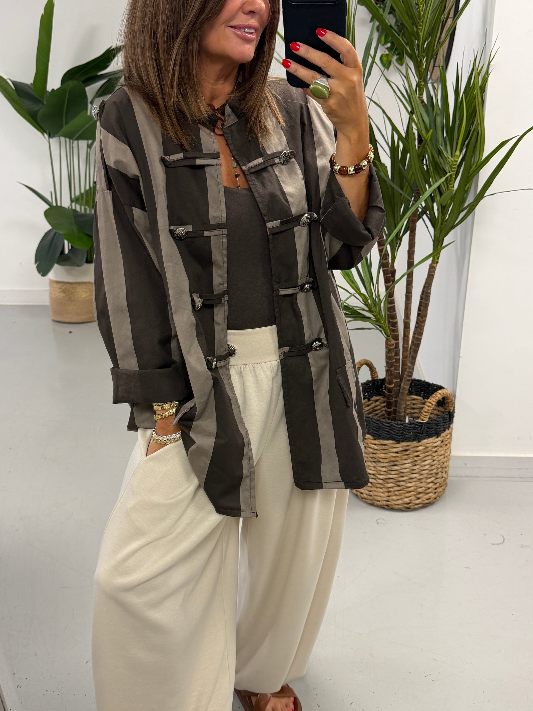 Bailey Wide Stripe Military Jacket - Taupe/Dark Chocolate