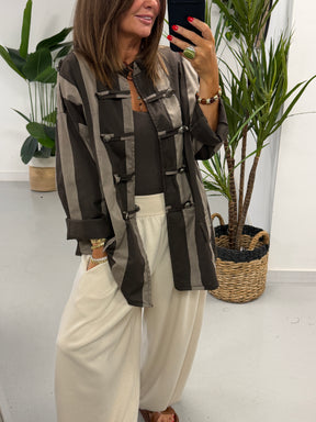 Bailey Wide Stripe Military Jacket - Taupe/Dark Chocolate
