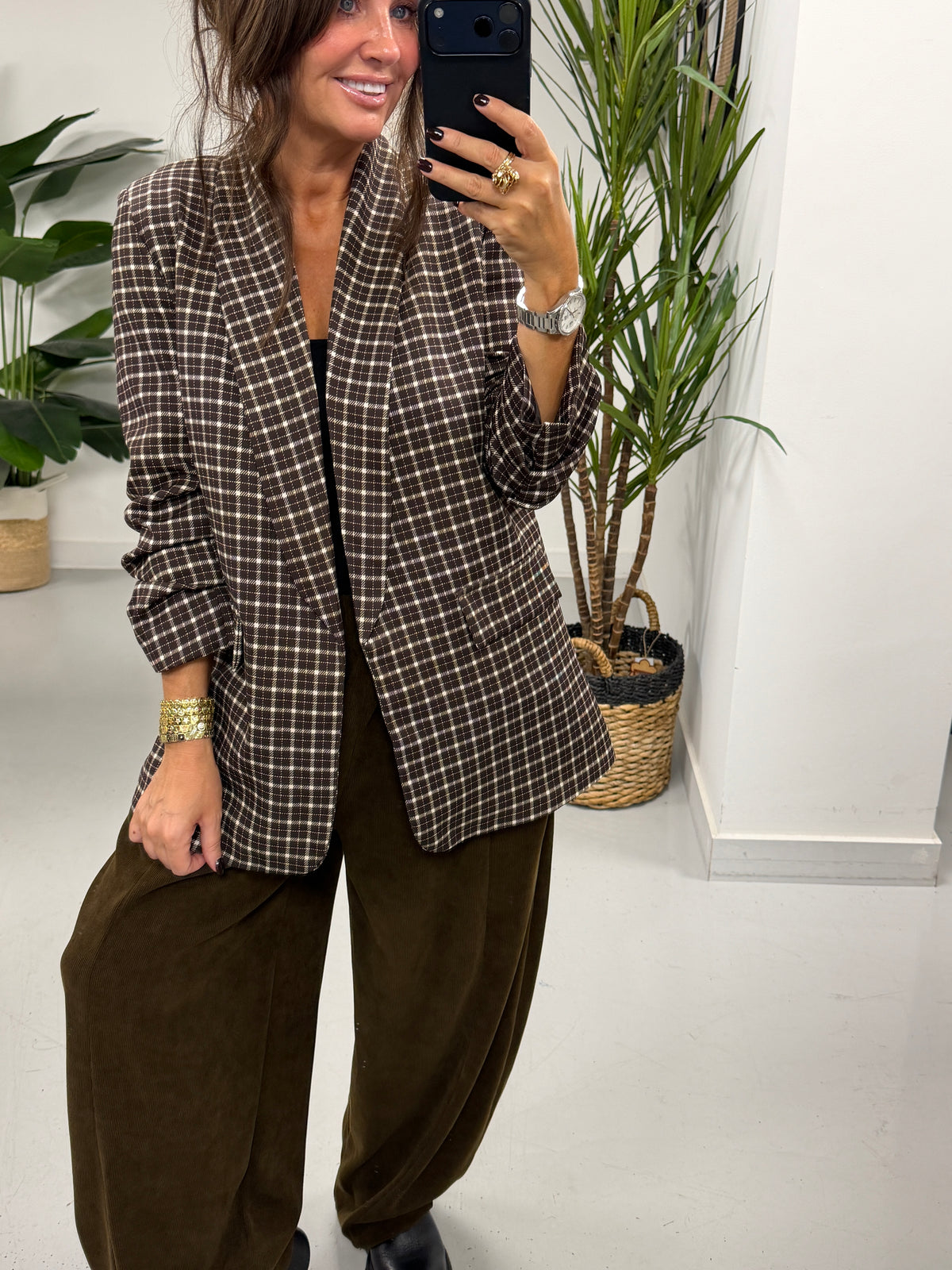 Plaid Ruched Sleeve Blazer - Chocolate Check  (Plus sizes)