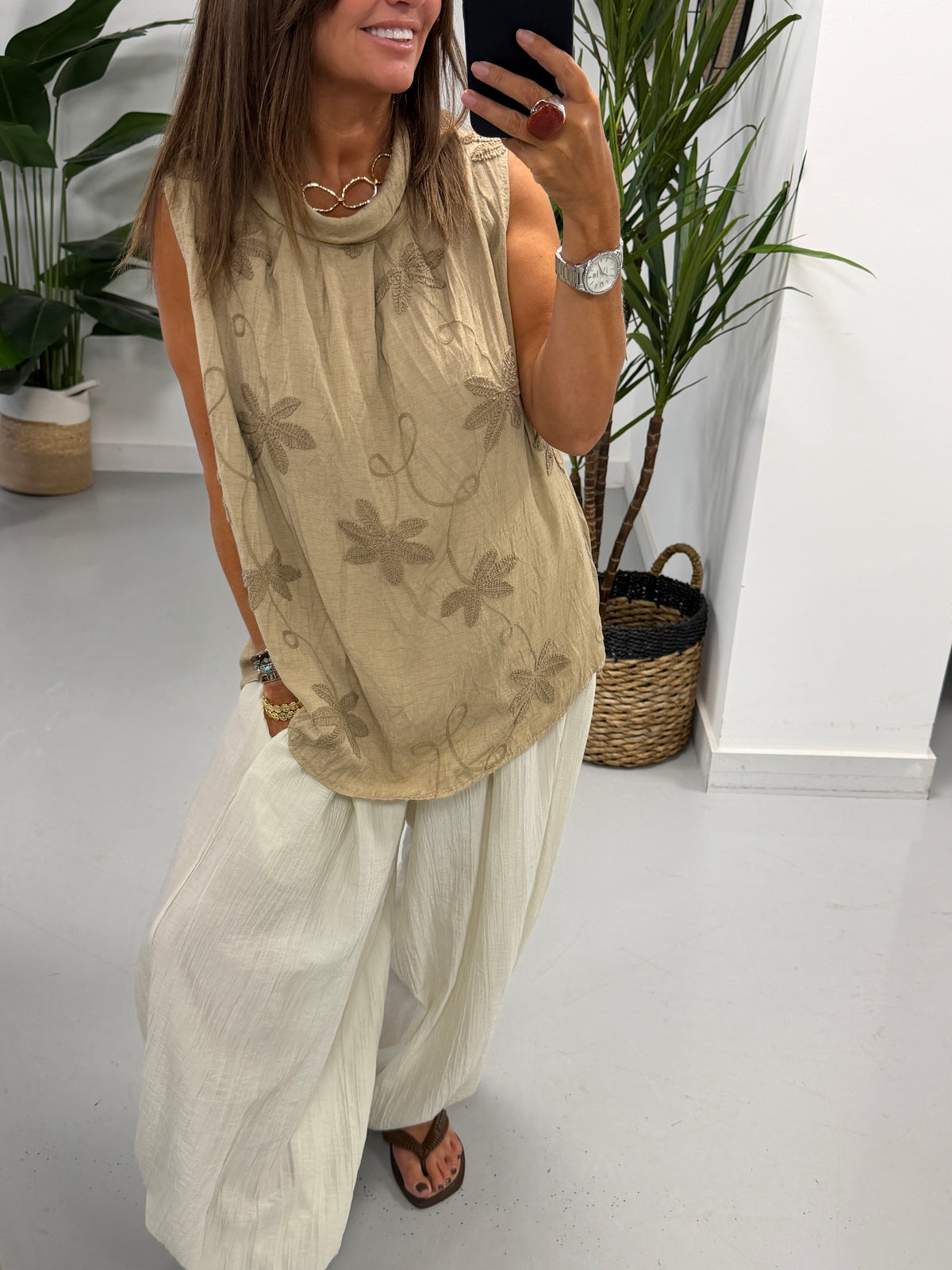 Reverse Collar Embroidered Tunic - Sand