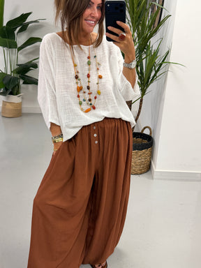 Button Crinkle Balloon Trousers - Copper