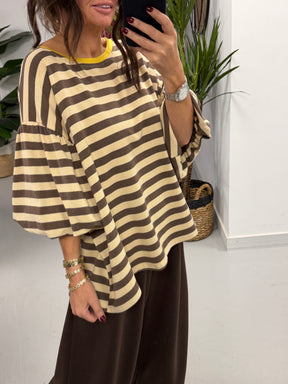 Sunset Stripe Puff Sleeve - Mocha  (Size 12-18)