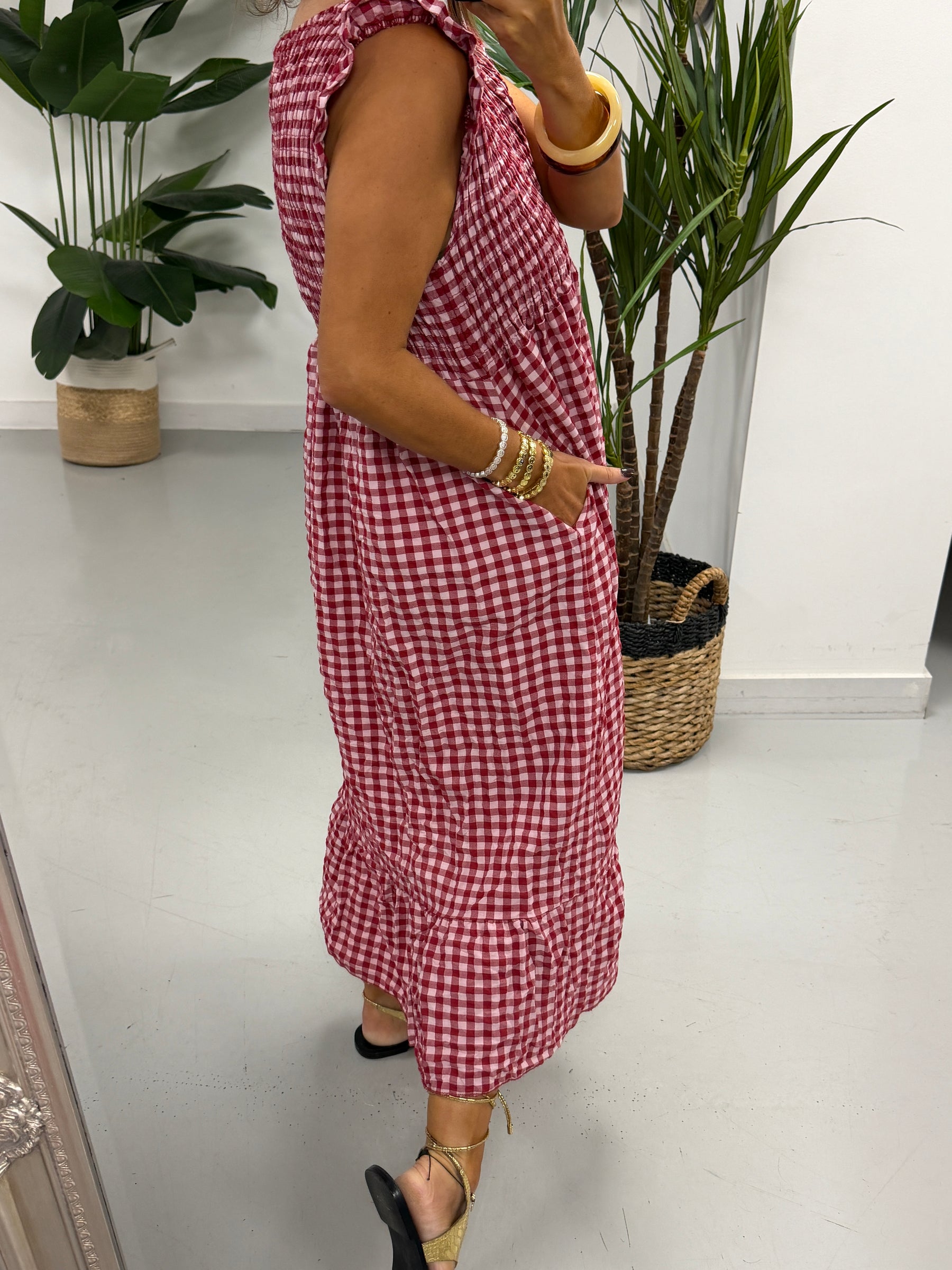 Gingham Midaxi Dress Dress - Wine