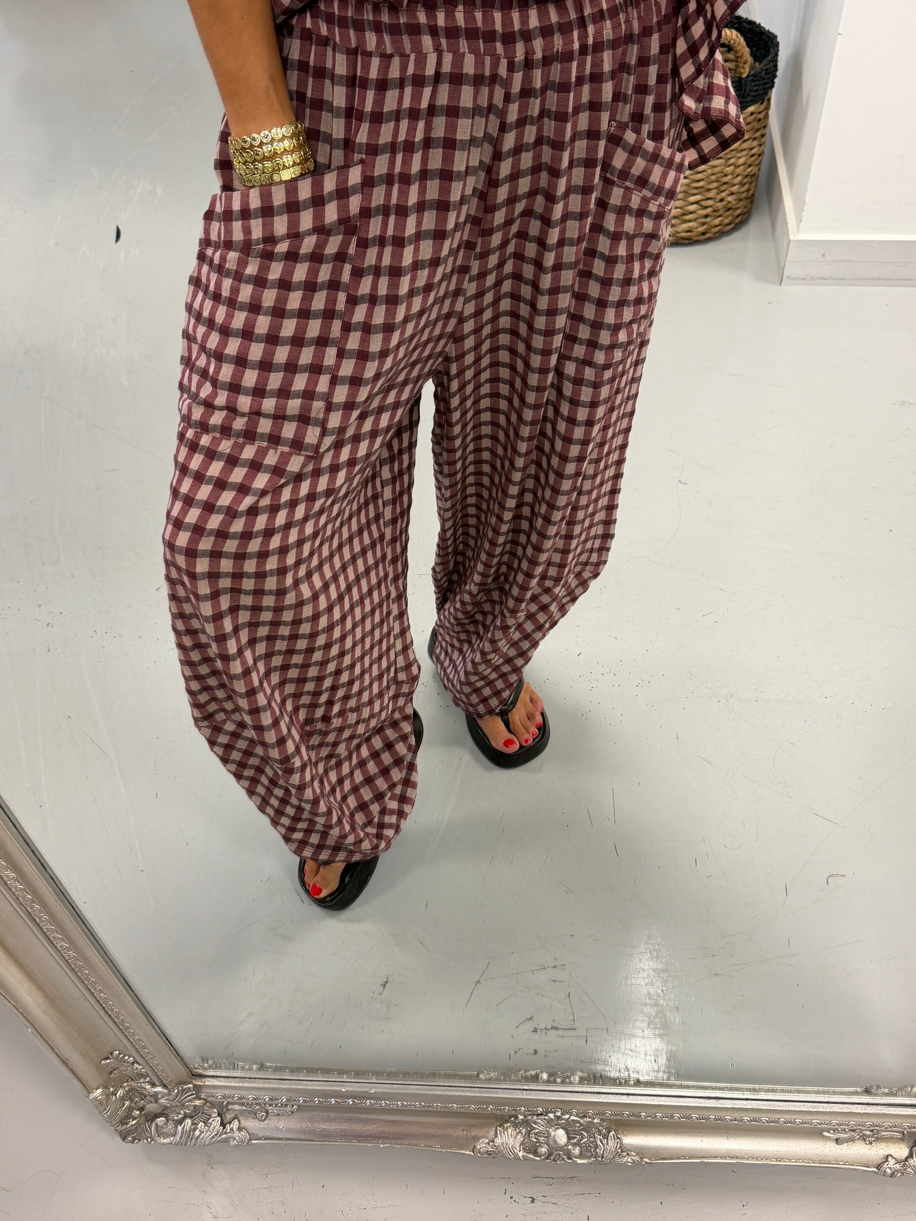 The Autumn Check Tulip Hem Trousers - Wine