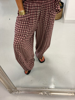 The Autumn Check Tulip Hem Trousers - Wine
