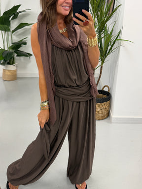 Wrap Crinkle Balloon Jumpsuit - Chocolate