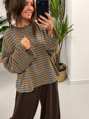 Sunset Stripe Boxy Sweat- Camel/Grey (Size 12-16)