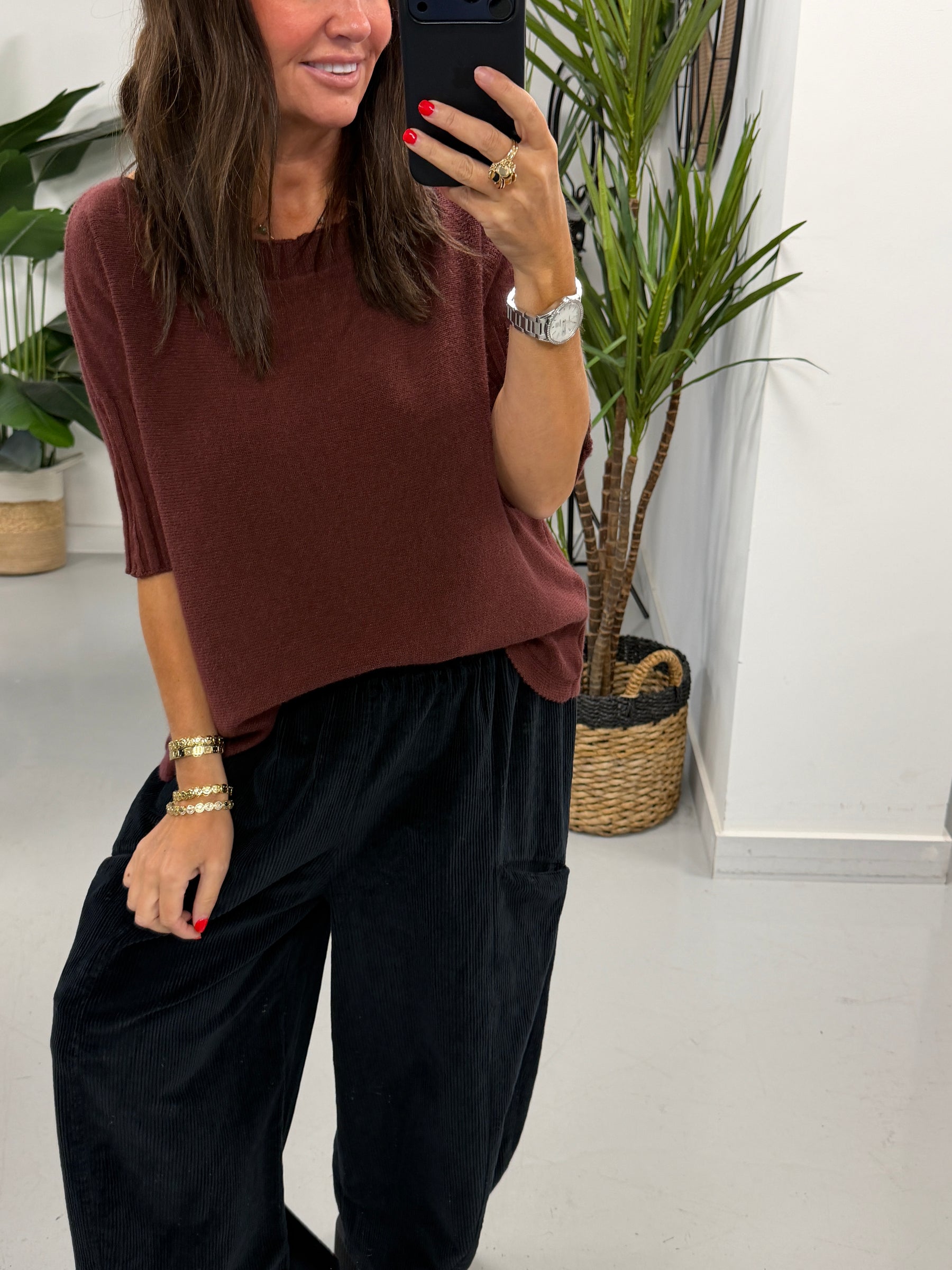 Crop Sleeve Boat Neck Knit - Aubergine (Size 10 - 16)