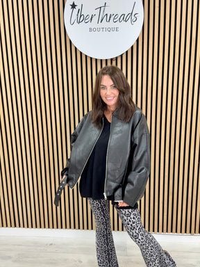 The Vegan Leather Belted Bomber - Black