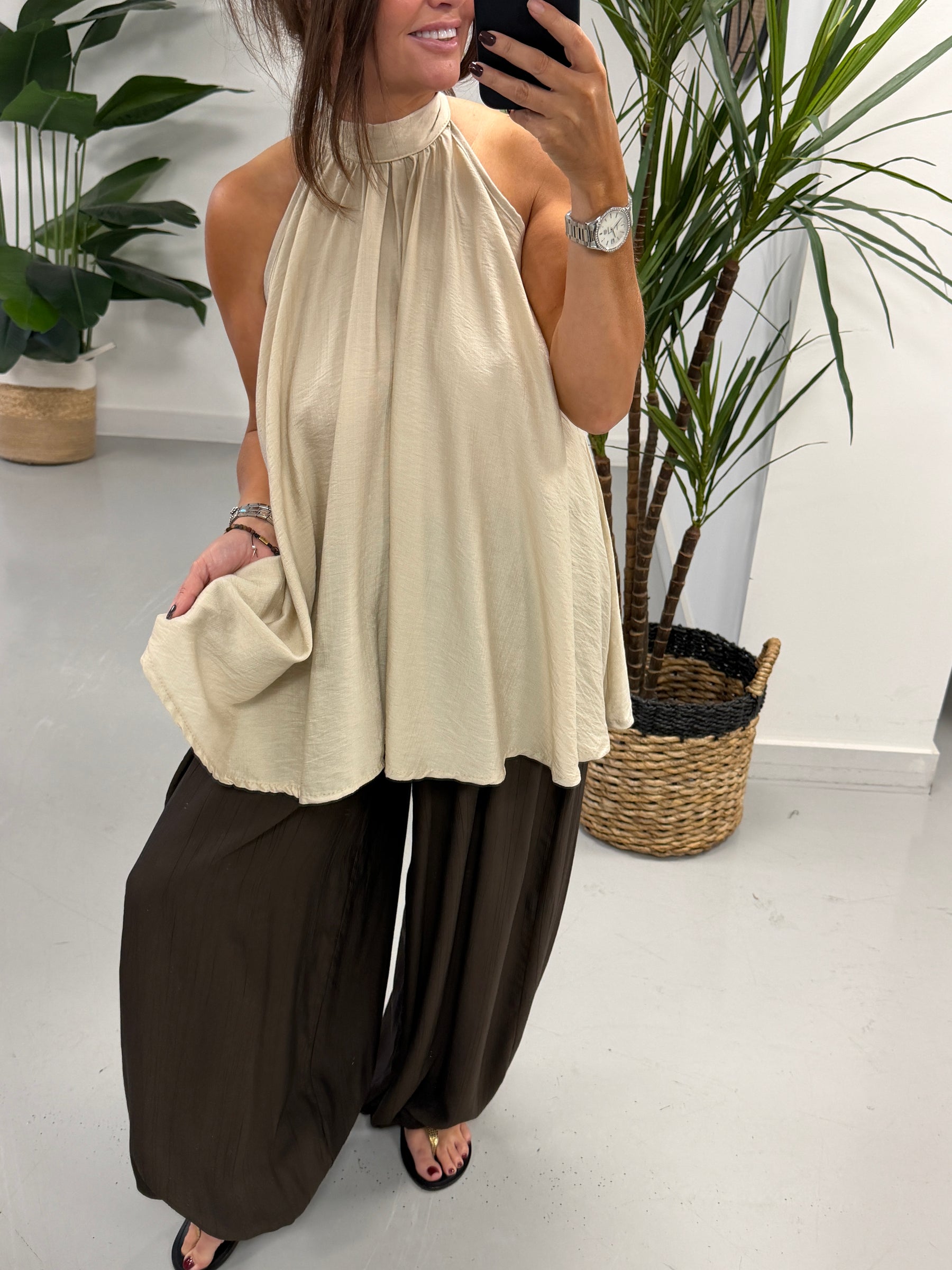 Crinkle Floaty Halter-neck Tunic - Cream