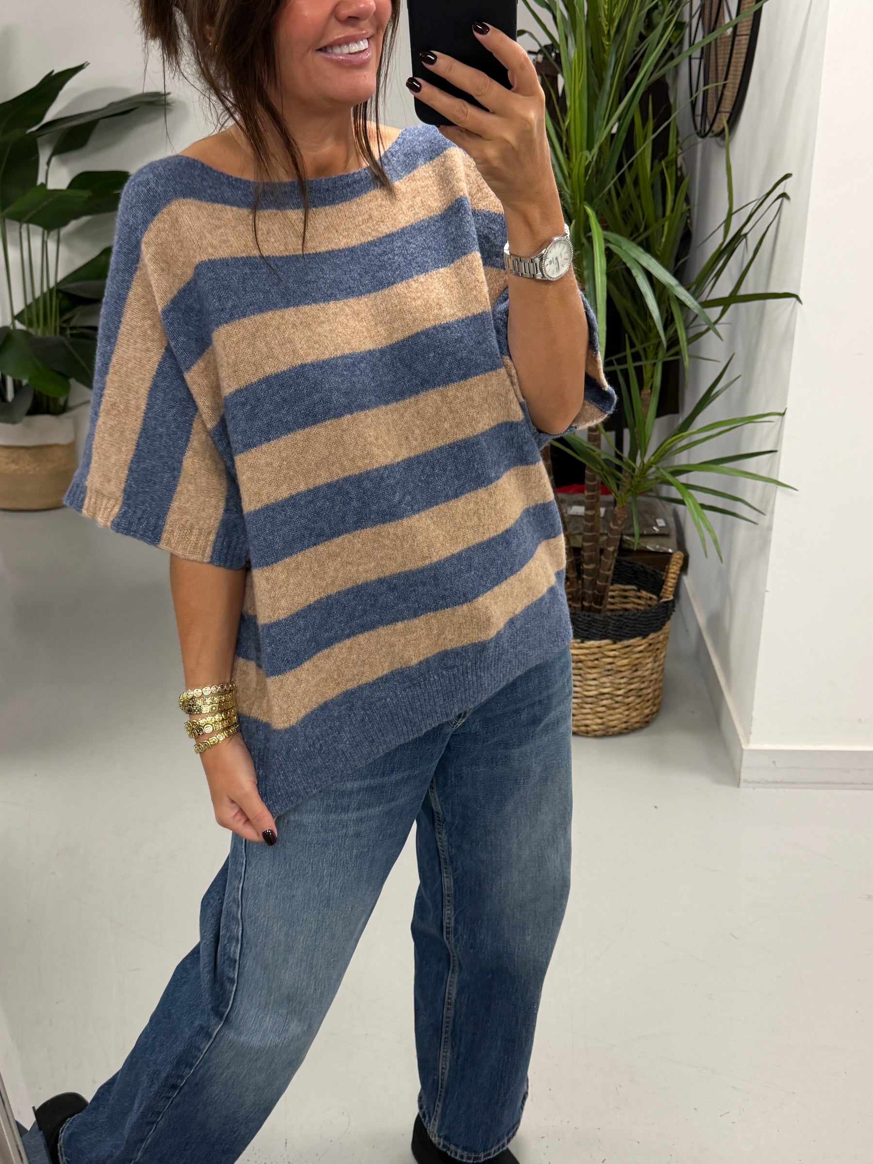 The Boat Neck Stripy Knit - Oatmeal/Denim Blue (Size 8-16)