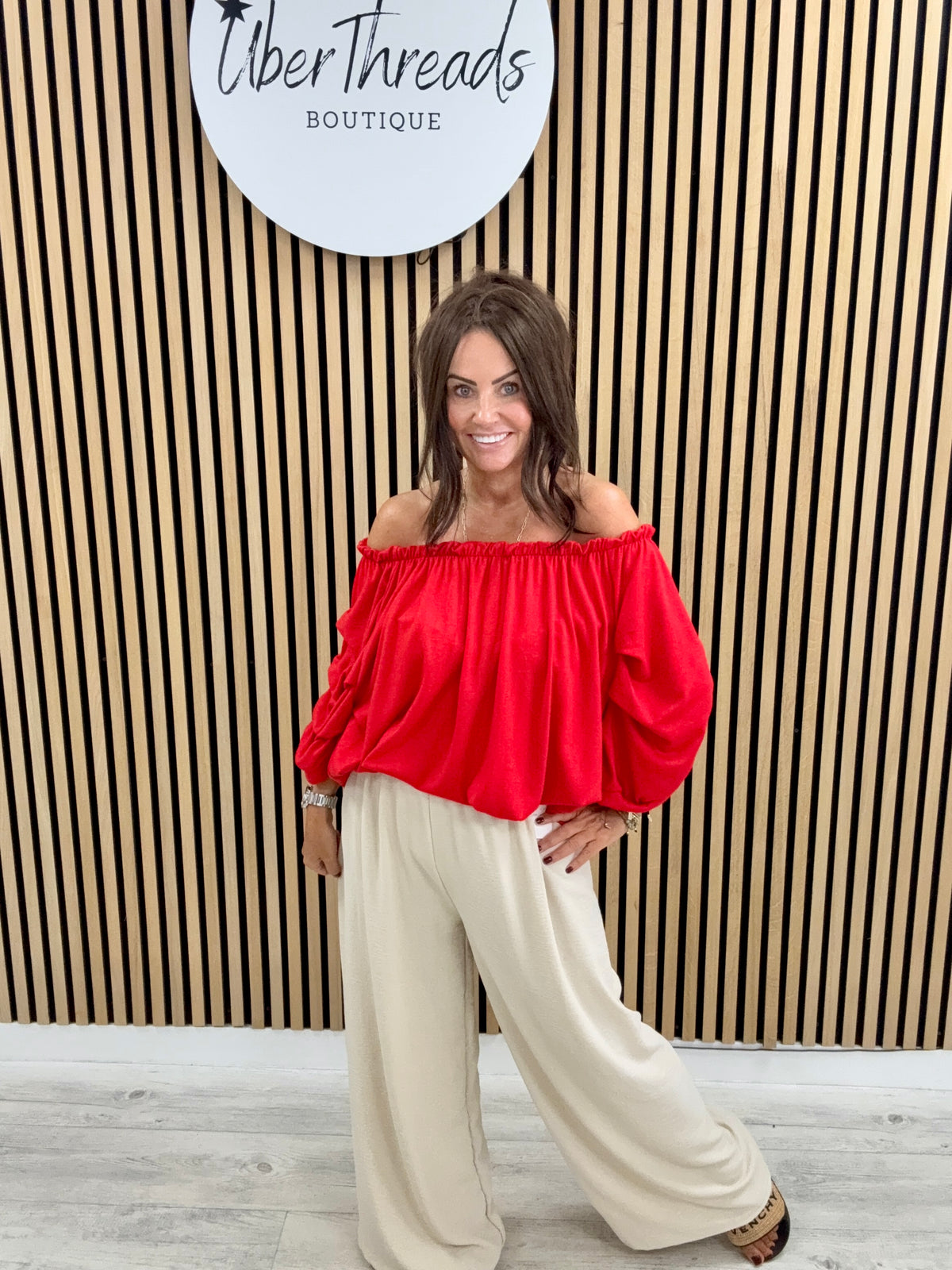 The Soft Knit Palma Puff Sleeve Bardot- Red