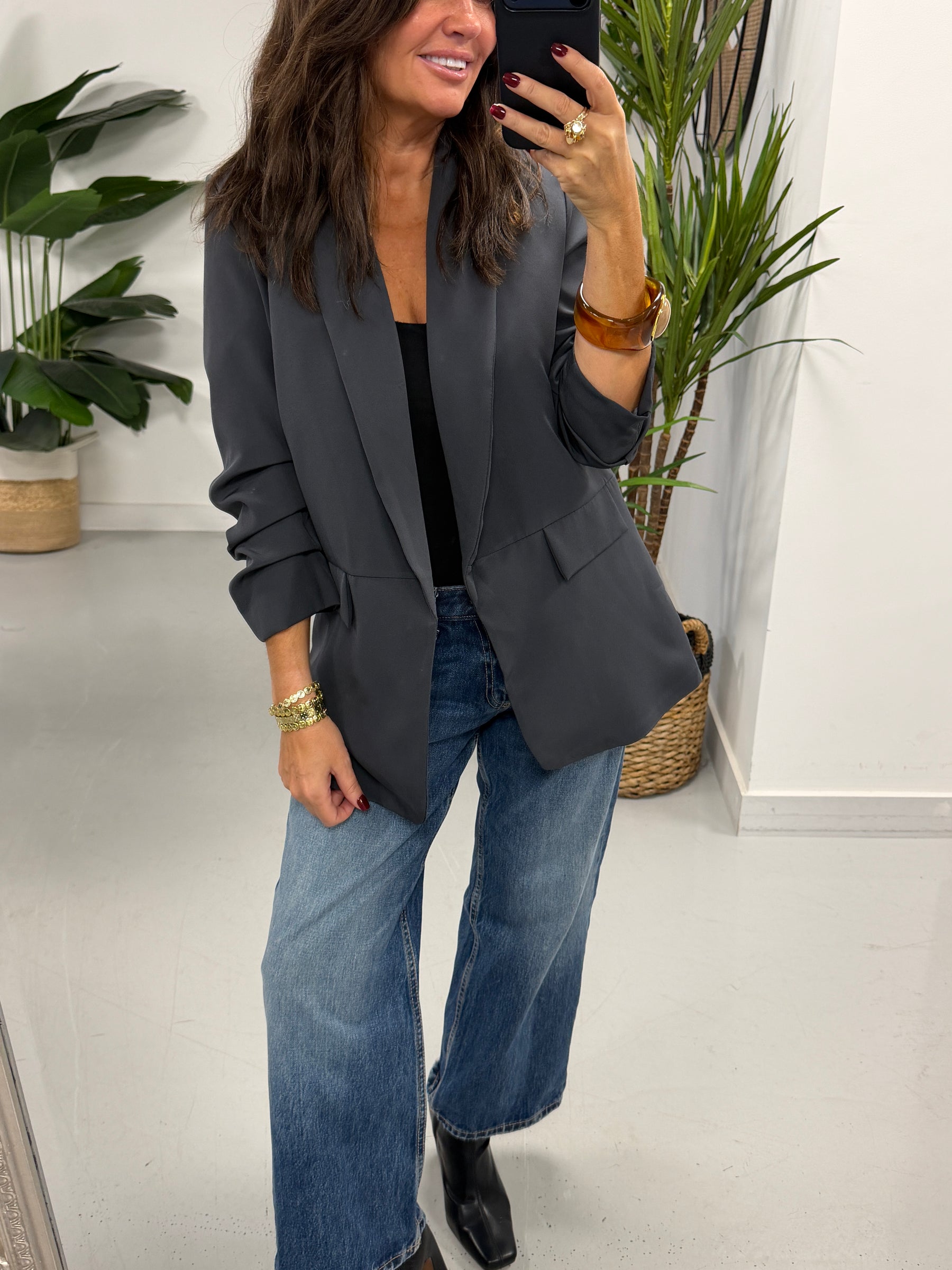Ruched Sleeve Blazer - Charcoal (Std sizes)