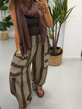 Bailey Wide Stripe Barrel Pants - Taupe/Light Chocolate