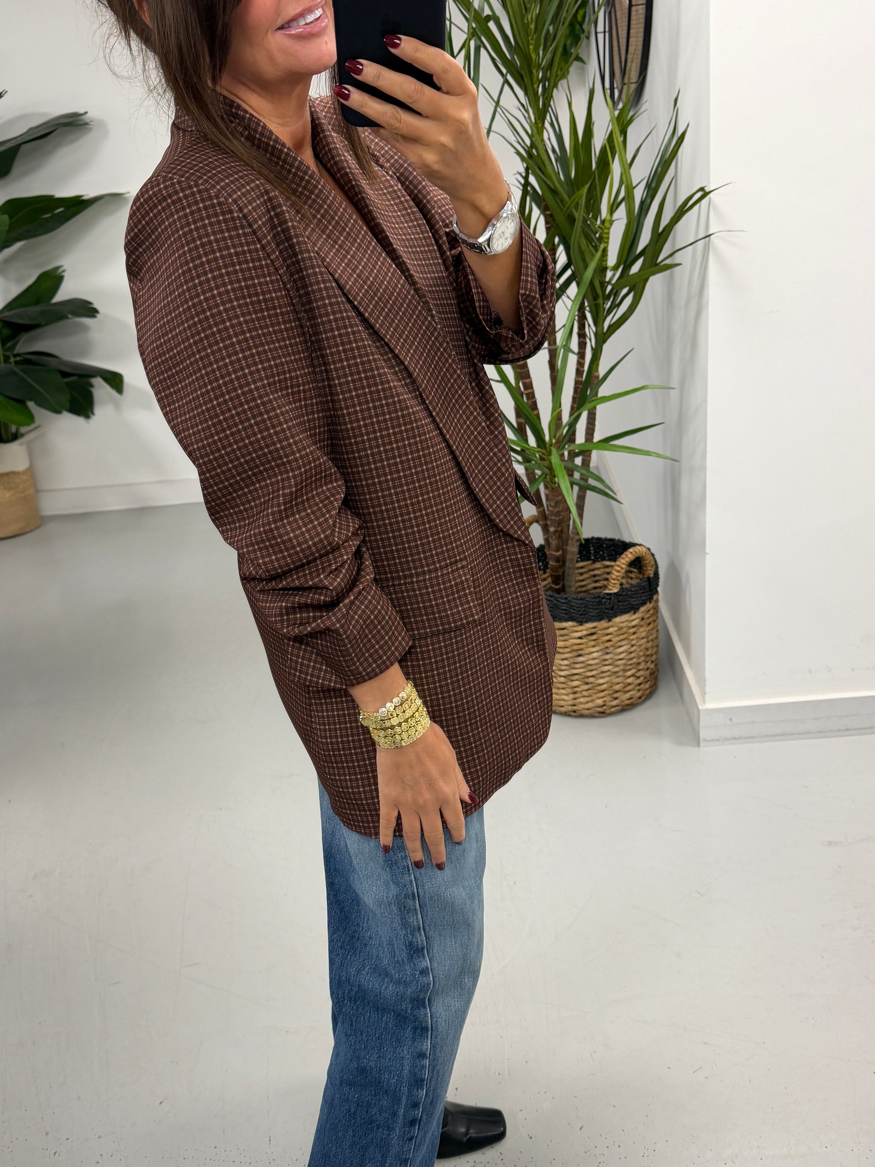 Ruched Sleeve Plaid Blazer - Chocolate (Std sizes)