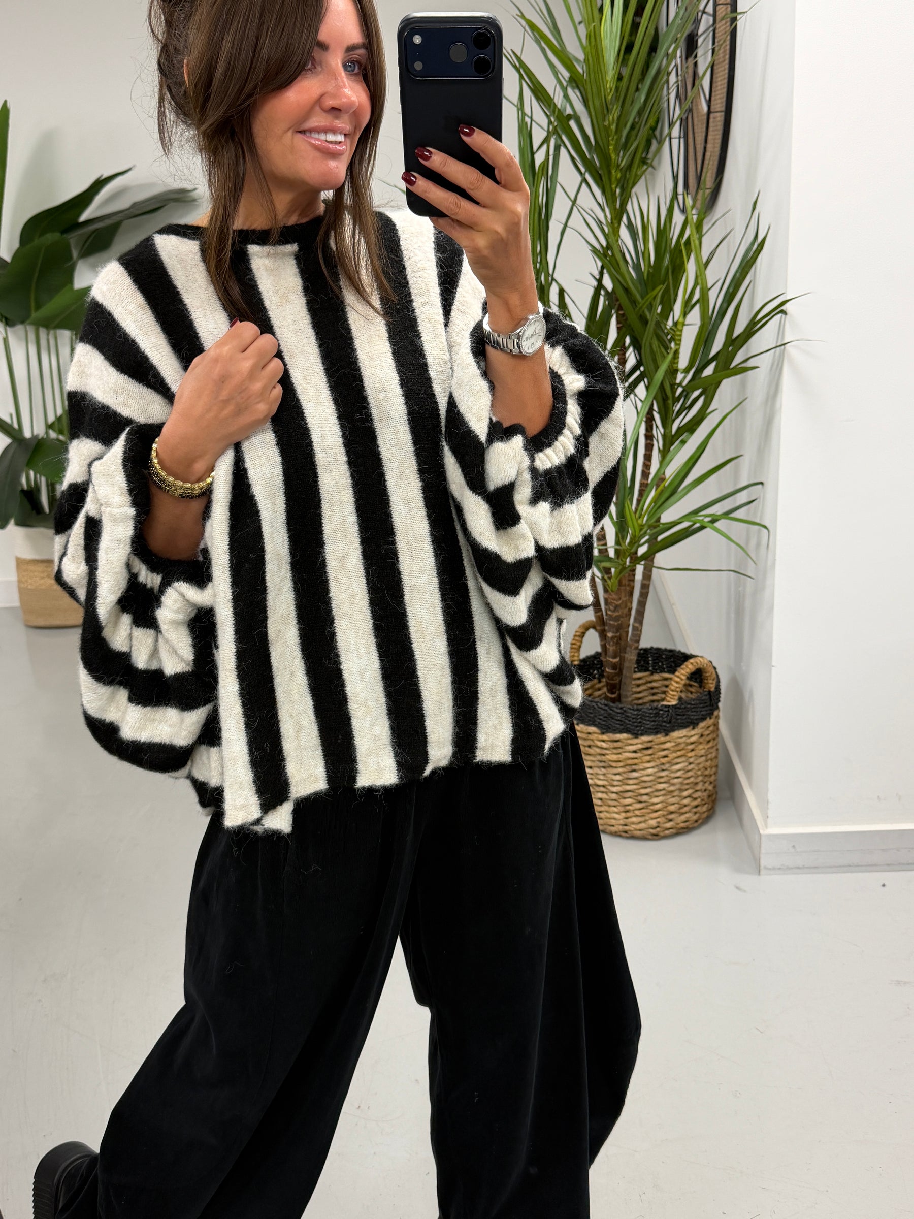 Zeta Otto Stripe Chunky Sleeve Knit - Black (Size 10-18)